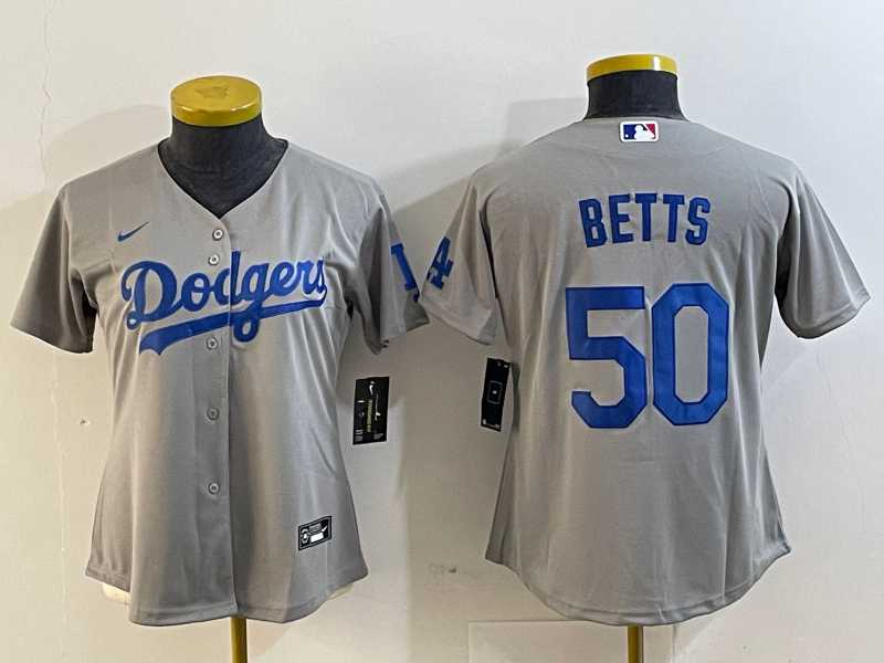 Womens Los Angeles Dodgers #50 Mookie Betts Grey Cool Base Stitched Nike Jersey->mlb womens jerseys->MLB Jersey